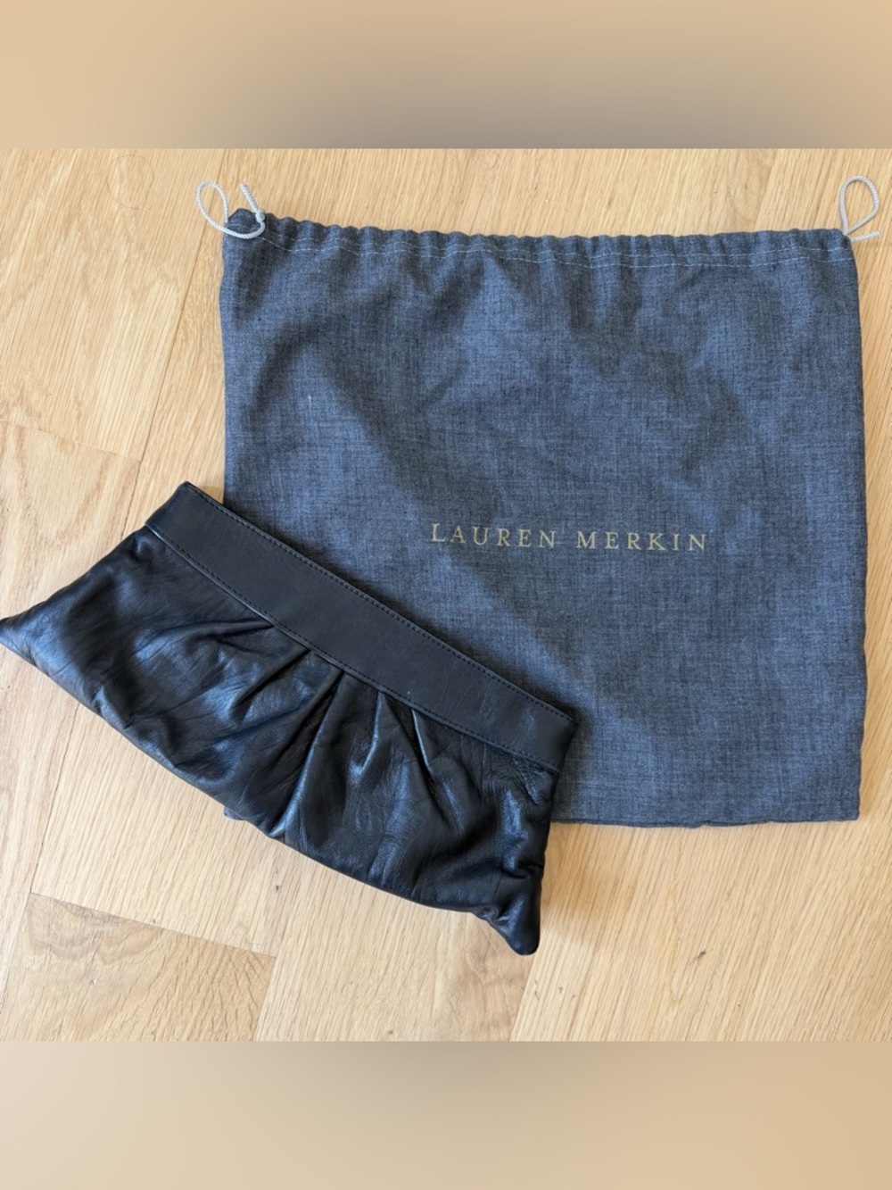 LAUREN MERKIN NYC Y2K Black Soft  Leather Pleated Clutch w/ Dust Bag